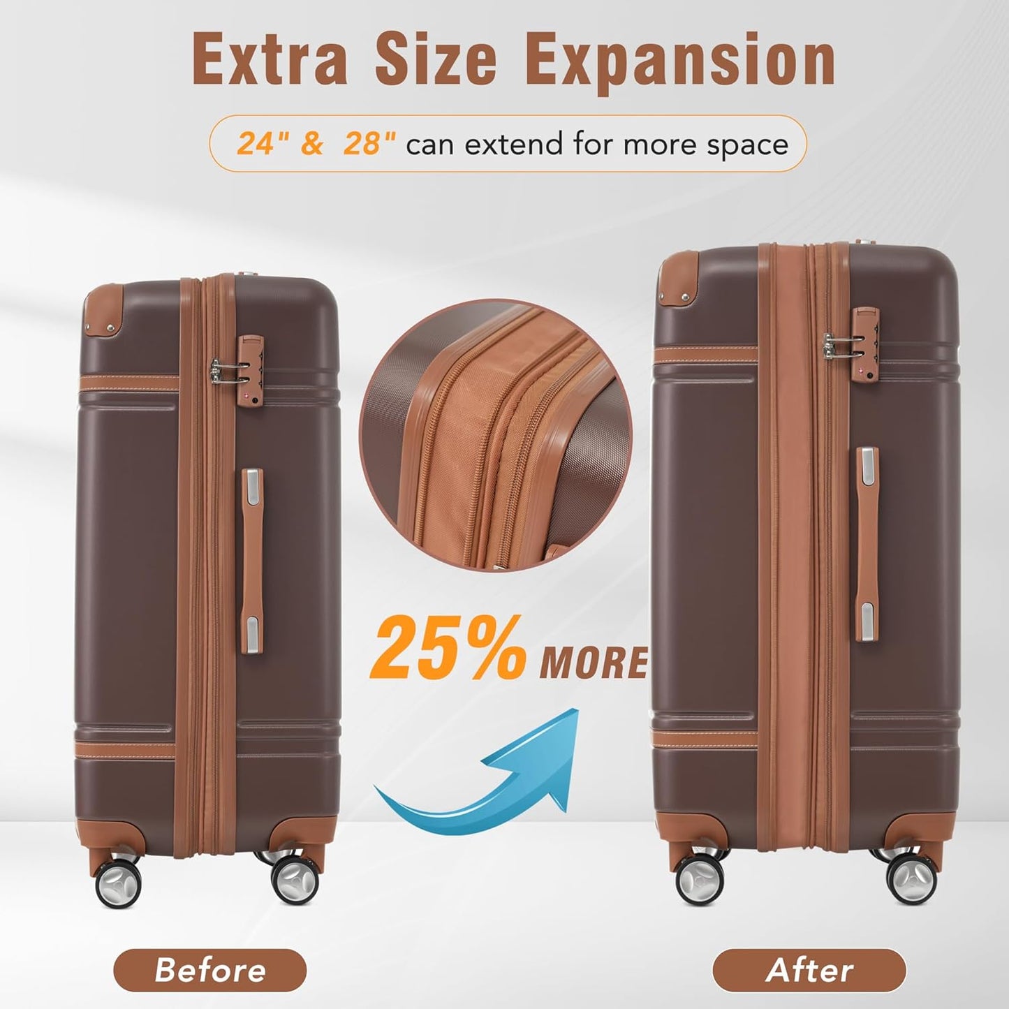 Merax Luggage Set 3 Piece Suitcase Set with 1 Cosmetic Case Expandable Spinner Wheels Vintage Luggage Sets(Brown,20"+24"+28")