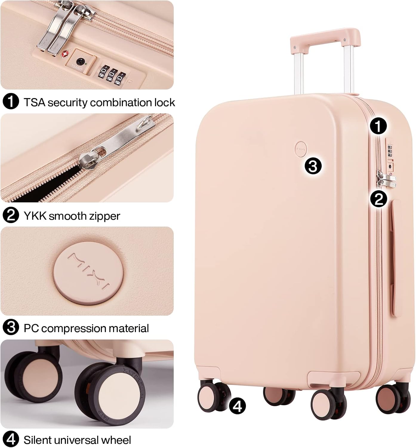 mixi Luggage Suitcase with Spinner Wheels, Hardside Rolling Suitcase PC with Cover & TSA Lock Lightweight Travel Case 26in Checked in, Pink