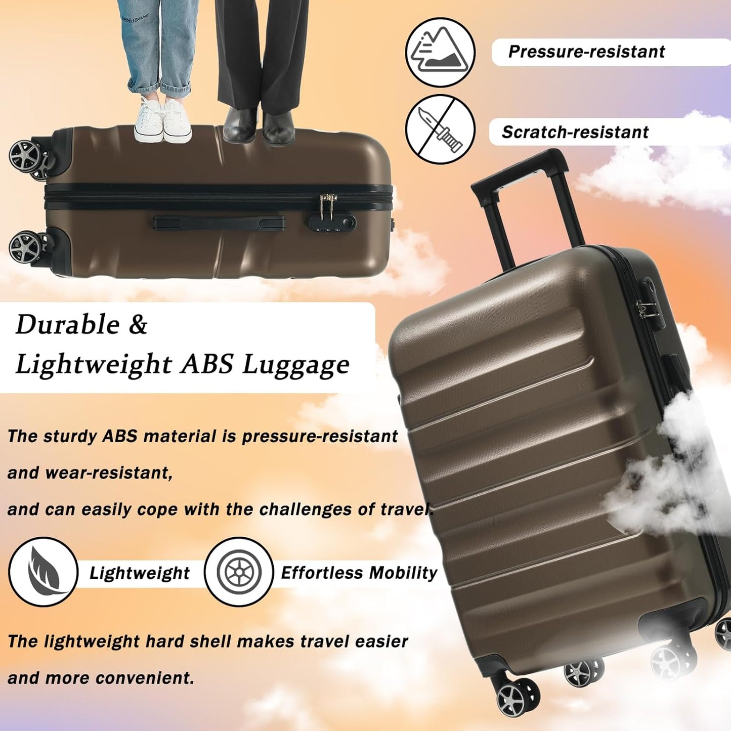 Merax Luggage Set 6 Piece, Hardshell ABS Suitcases with 8 Silent Spinner Wheels, Durable and Lightweight Travel Luggage for Family Trips, Brown