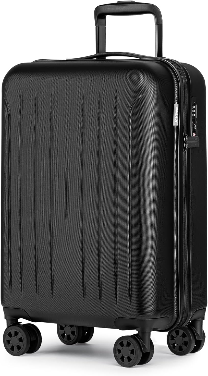 KYME Carry on luggage 22x14x9 Airline Approved Suitcase Hardshell With Double Spinner Wheels, PC+ABS TSA Lock Travel Luggage (Black, 20" Carry On)