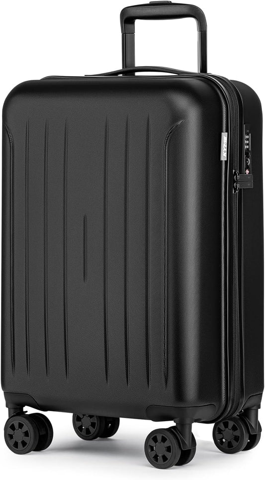 KYME Carry on luggage 22x14x9 Airline Approved Suitcase Hardshell With Double Spinner Wheels, PC+ABS TSA Lock Travel Luggage (Black, 20" Carry On)