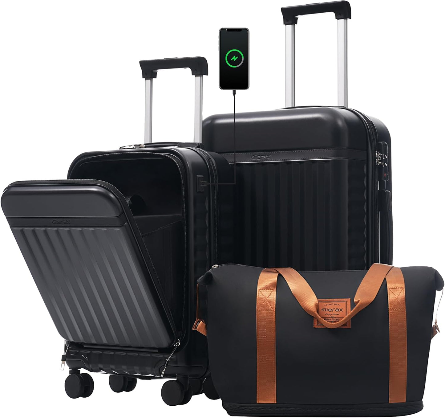 Merax Luggage Sets 2 Piece Front Opening, Hardside Lightweight Carry on Suitcase with USB Port,Durable Expandable Luggage with Bags Spinner Wheels and TSA Lock,Black