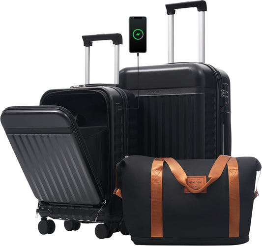 Merax Luggage Sets 2 Piece Front Opening, Hardside Lightweight Carry on Suitcase with USB Port,Durable Expandable Luggage with Bags Spinner Wheels and TSA Lock,Black