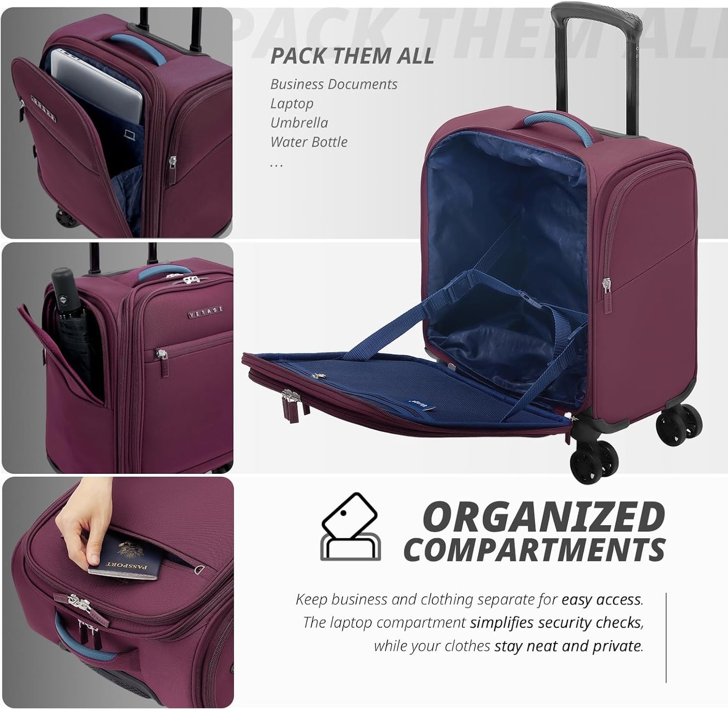 Verage Under Seat Luggage with Wheels, Softside Small Suitcase Spinner Carry On Luggage Bags for Airlines Airplanes Short Trip Men Women (Grape red, 14.5-Inch Plus Underseat)
