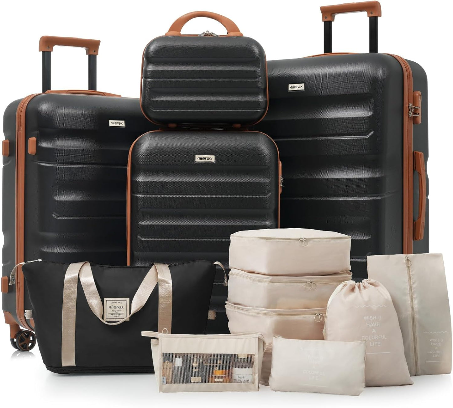 Merax Luggage Set 13 Piece, Hardshell ABS Suitcases with 8 Silent Spinner Wheels, Durable and Lightweight Travel Luggage for Family Trips, Black Brown