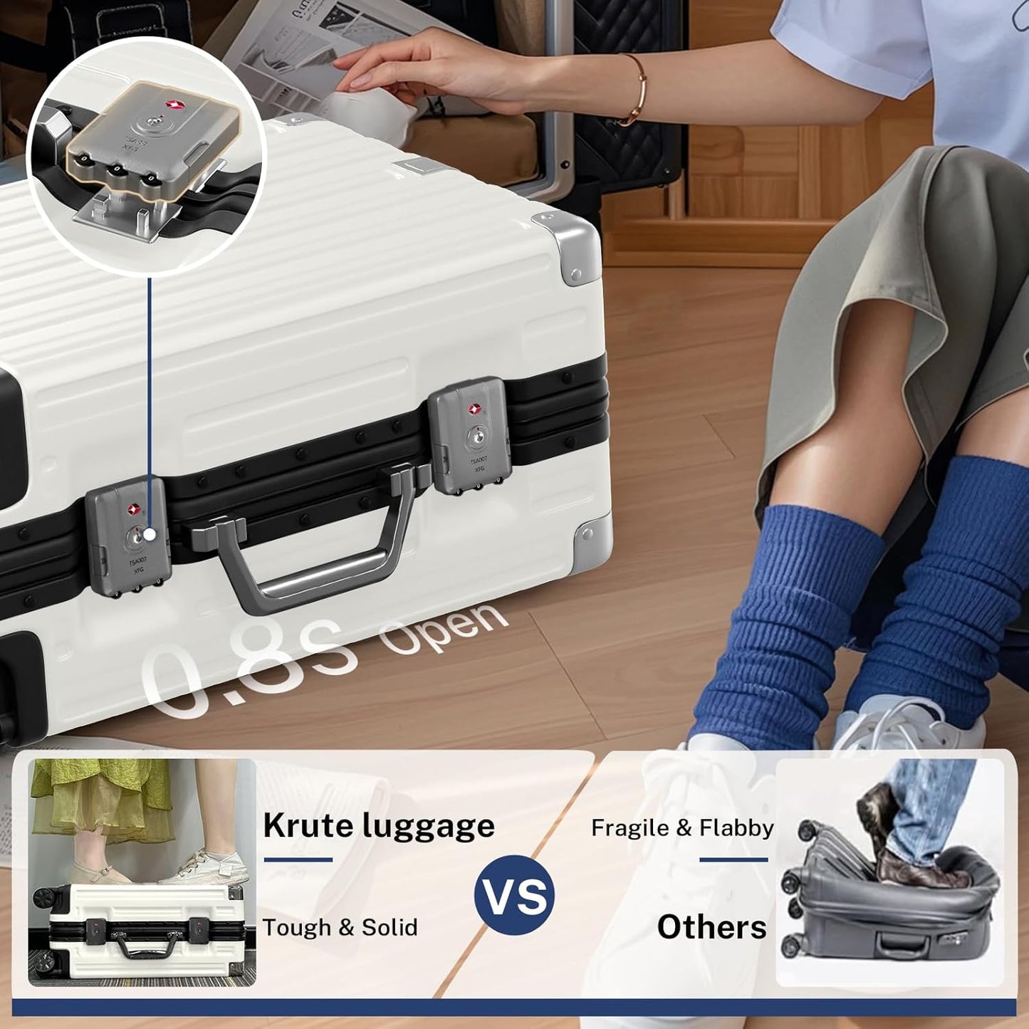 Krute Carry On Luggage 20 inch Aluminum Frame Suitcase with Spinner Wheels No Zipper Hardshell PC+ABS Luggages TSA Lock Zipperless Suitcases