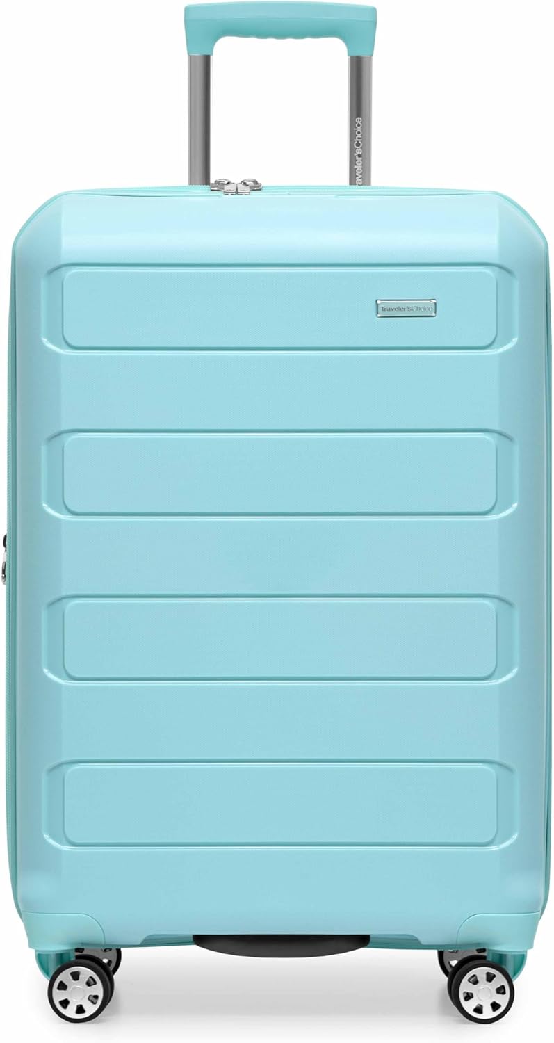 Traveler's Choice Pagosa Indestructible Hardshell Expandable Spinner Luggage, Baby Blue, 26-Inch Medium