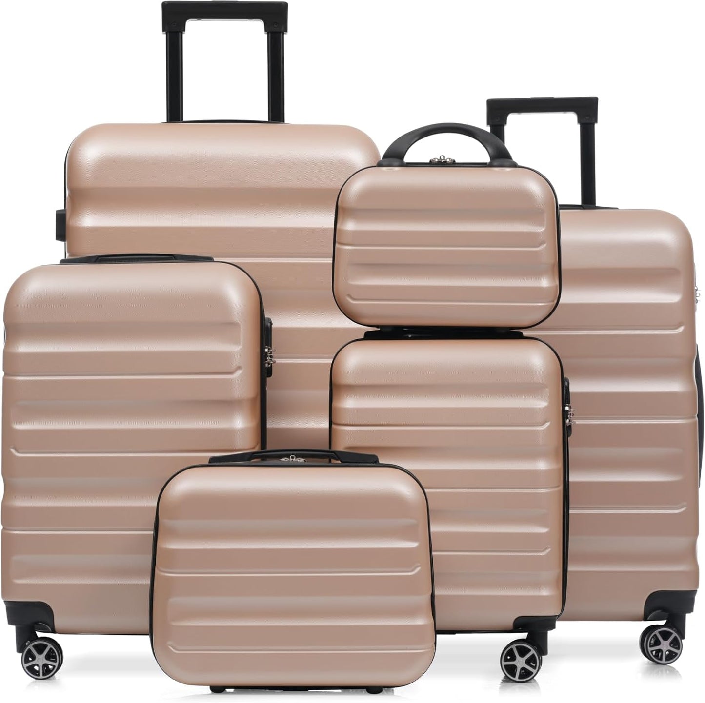 Merax Luggage Set 6 Piece, Hardshell ABS Suitcases with 8 Silent Spinner Wheels, Durable and Lightweight Travel Luggage for Family Trips, Champagne