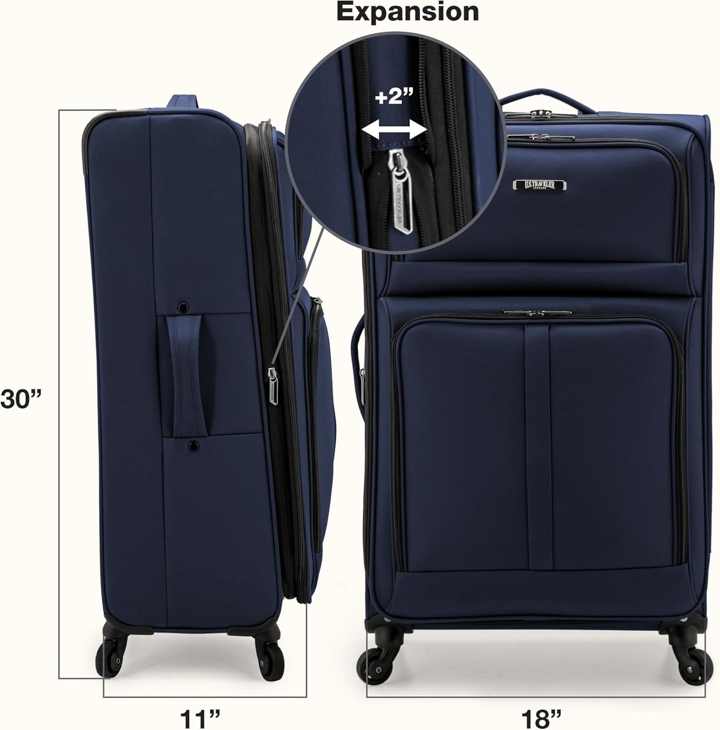 U.S. Traveler Anzio Softside Sturdy Ballistic Nylon Expandable Travel Suitcase Luggage with 4 Spinner Wheels, Navy, Checked-Large 30-Inch