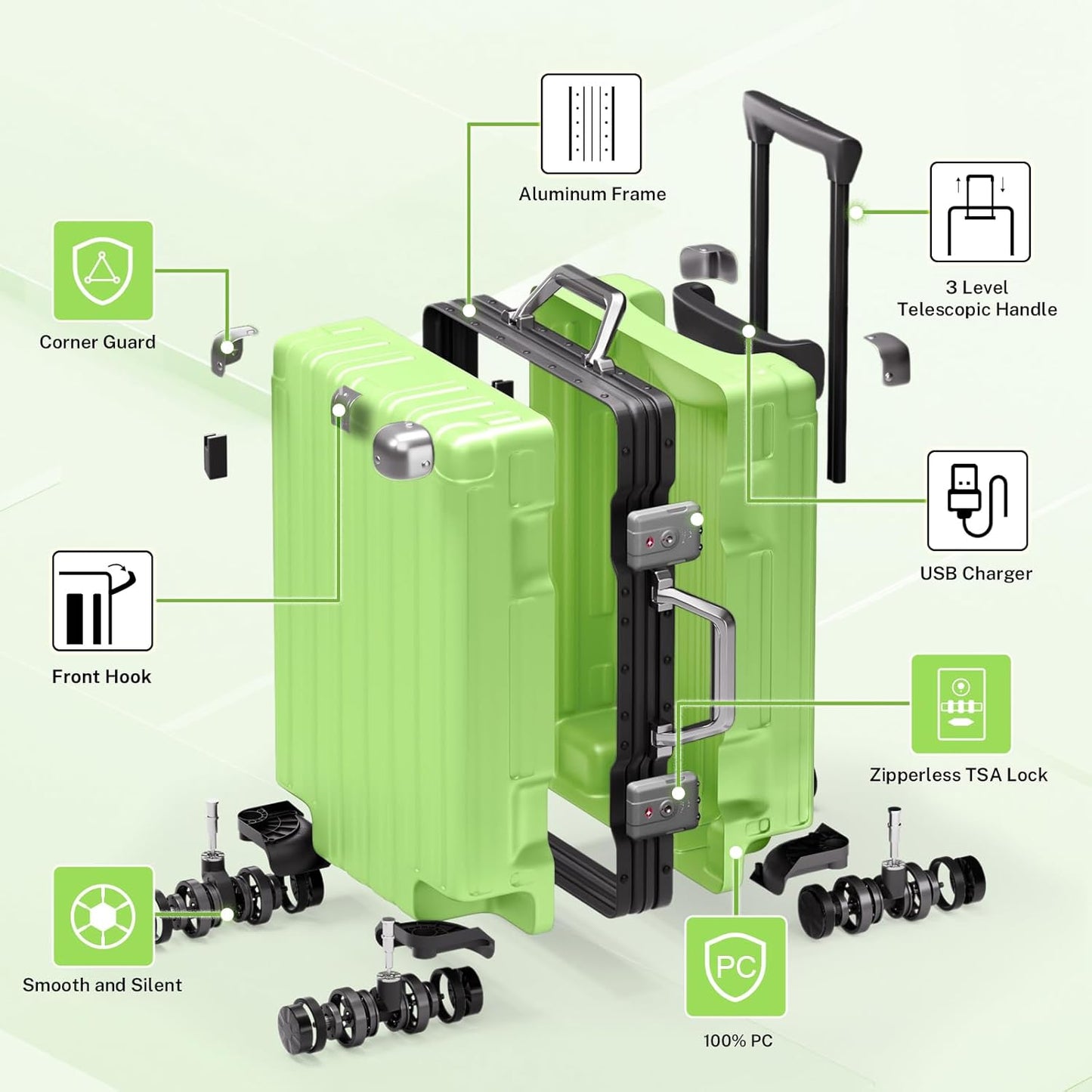 Krute Aluminum Frame Carry On Luggage 20 Inch Zipperless Luggages USB Charger Hardside PC Suitcase With Spinner Wheels Airline Approved Hard Shell Suitcases with TSA Lock (1 Piece)
