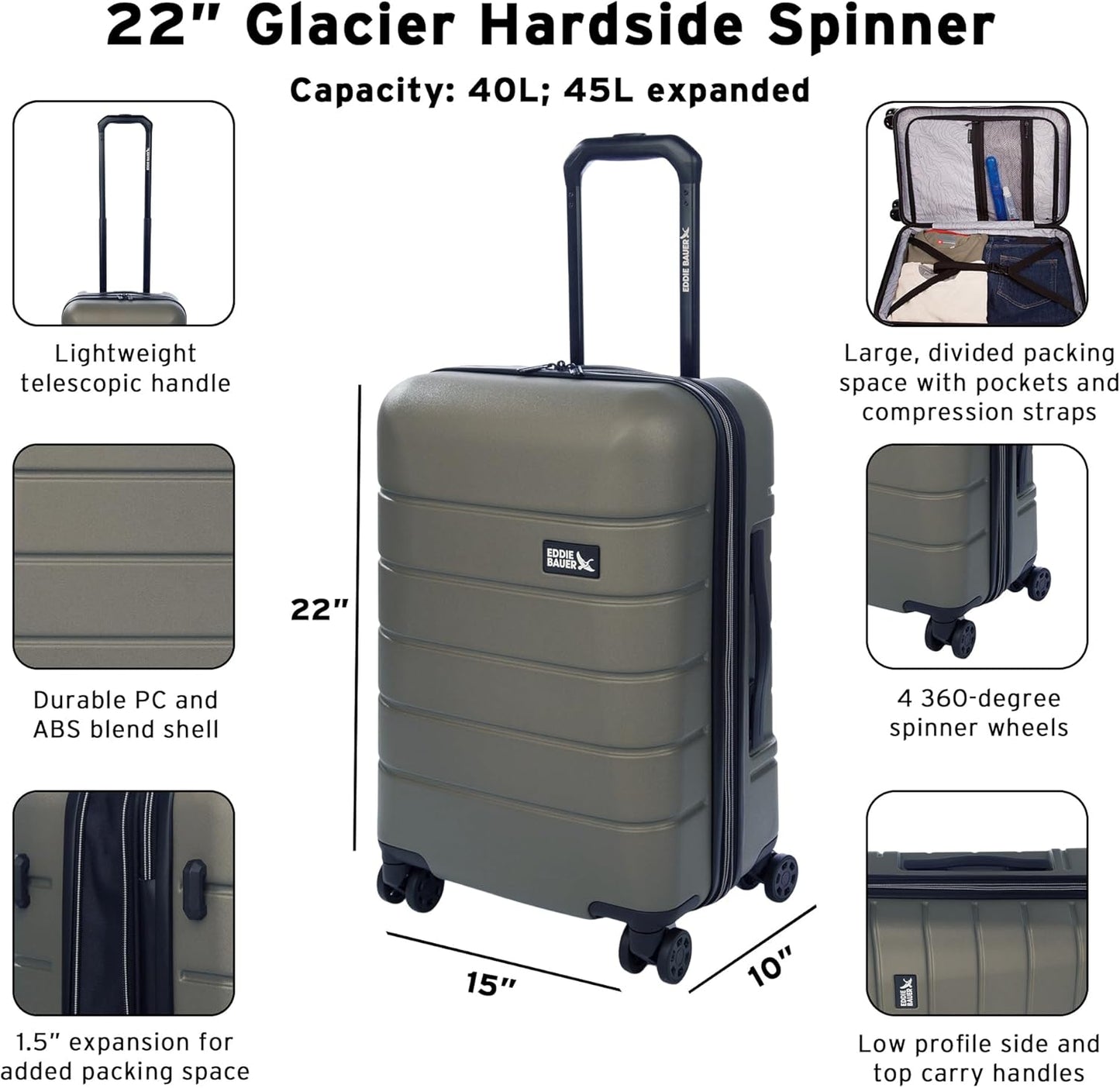 Eddie Bauer Glacier Hardside Spinner Durable PC/ABS Construction 2-Piece Set Suitcase Luggage, Sprig