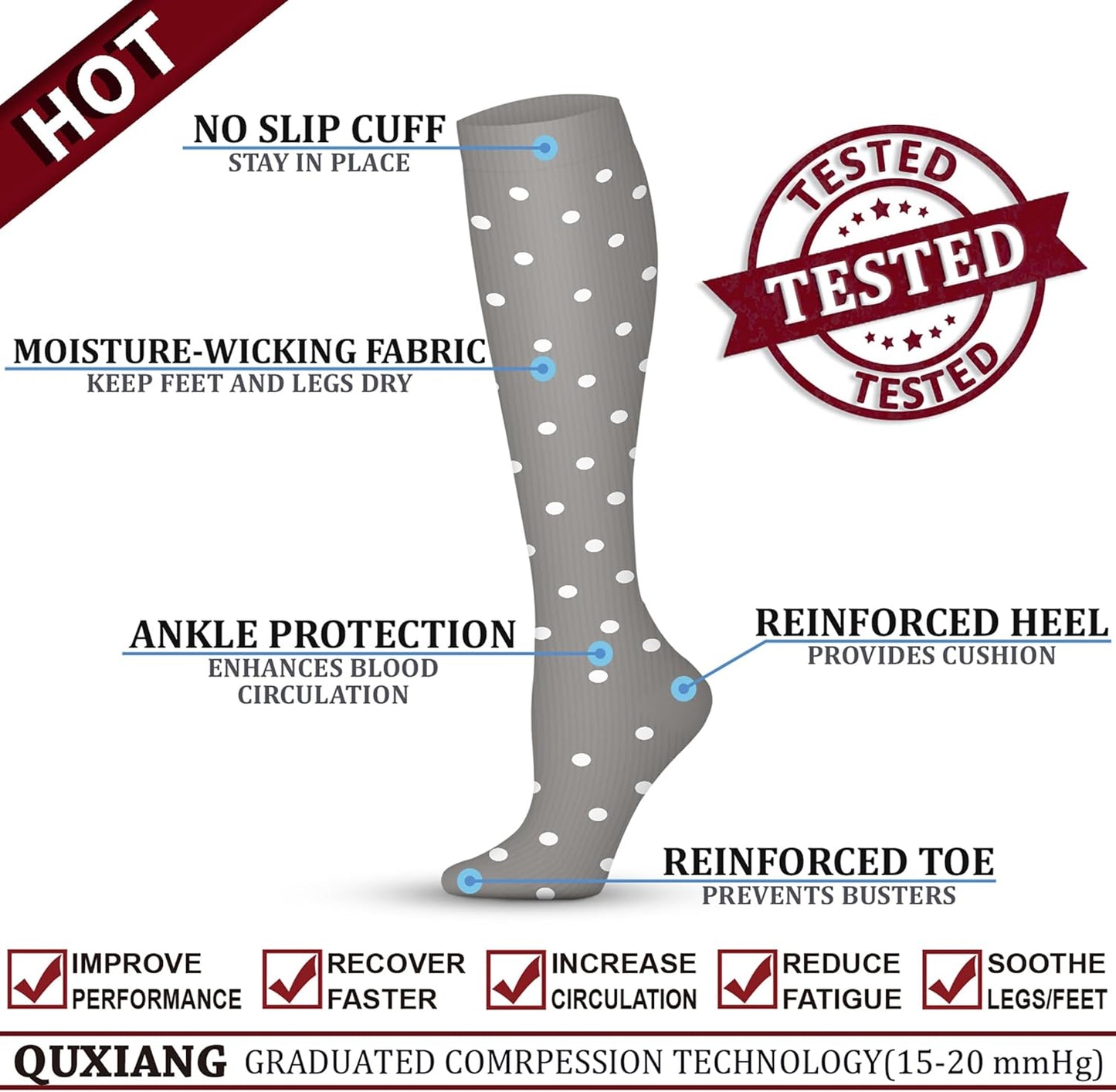 QUXIANG Copper Compression Socks for Women & Men Circulation (8 Pairs) - Best for Running Athletic Cycling - 15-20 mmHg