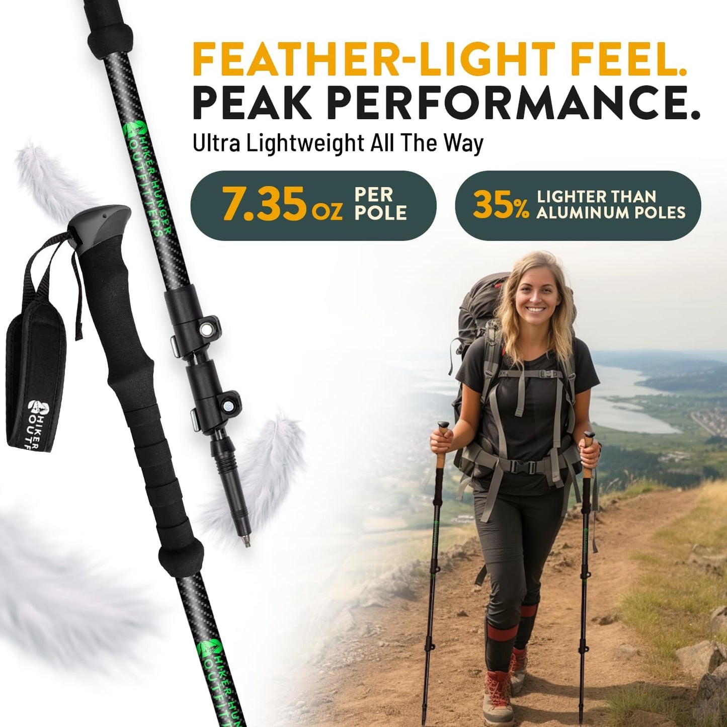 100% Carbon Fiber Trekking Poles by USA Brand - Ultra Strong Lightweight Collapsible Hiking Poles with Cork and EVA Foam Grips & Quick Adjustable Flip Locks