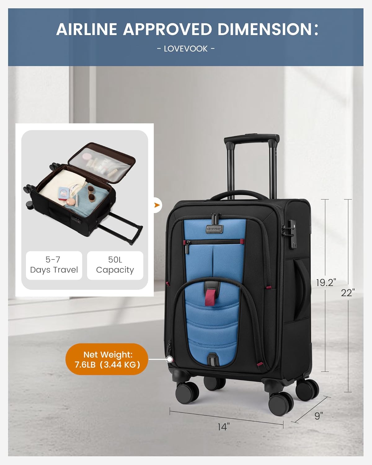 Carry On Luggage 22x14x9 Airline Approved, 22-Inch Suitcases with Spinner Wheels, Softside Carry-on Luggage with TSA Lock for Men Women Business Trip, Lightweight Large Capacity Luggage for Travel