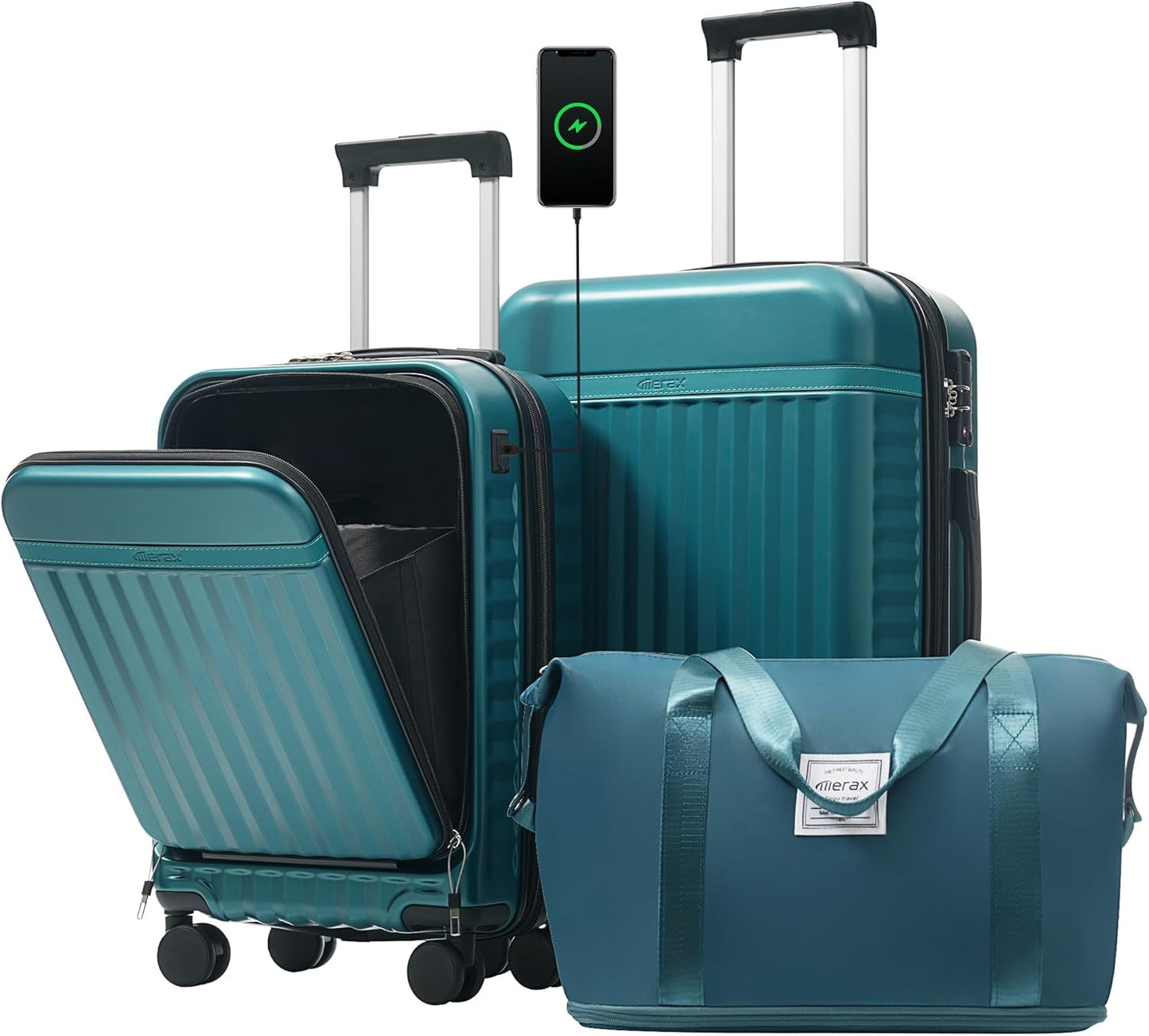 Merax Luggage Sets 2 Piece Front Opening, Hardside Lightweight Carry on Suitcase with USB Port,Durable Expandable Luggage with Bags Spinner Wheels and TSA Lock,Dark Green