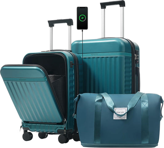 Merax Luggage Sets 2 Piece Front Opening, Hardside Lightweight Carry on Suitcase with USB Port,Durable Expandable Luggage with Bags Spinner Wheels and TSA Lock,Dark Green