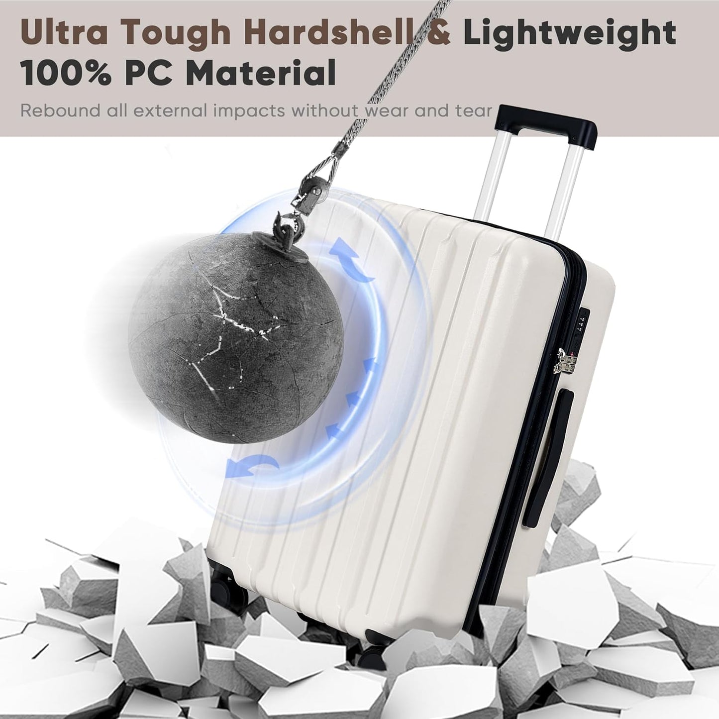 SHOWKOO Luggage Sets 3 Piece 100% PC Ultra Tough Hardside Expandable Suitcases Sets with TSA Lock Double Spinner Wheels (20in/24in/28in, White