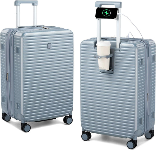Hard Shell Suitcases 24 Inch Check in Luggage with Spinner Wheels, Expandable Travel Luggage with Cup Holder Charger Built in, Checked Medium Suitcase Lightweight Suitcases, Silver