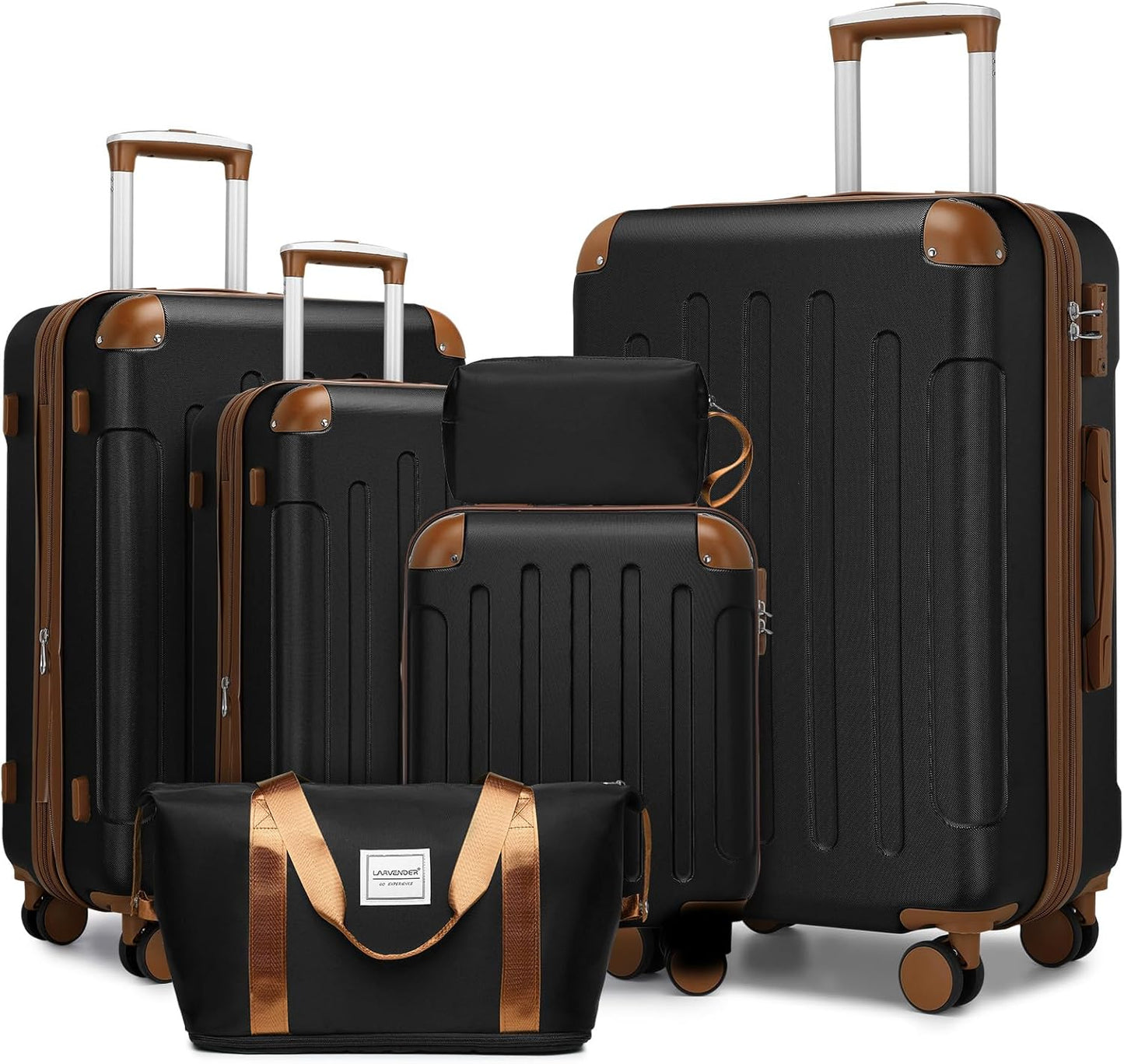 LARVENDER Luggage Sets 6 Piece Suitcases with Wheels, Expandable Suitcase Set ABS Hard Shell Luggage for Women with TSA Lock Double Spinner Wheels (Black Brown, 6 Piece Set)