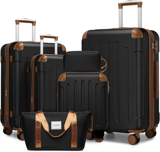 LARVENDER Luggage Sets 6 Piece Suitcases with Wheels, Expandable Suitcase Set ABS Hard Shell Luggage for Women with TSA Lock Double Spinner Wheels (Black Brown, 6 Piece Set)