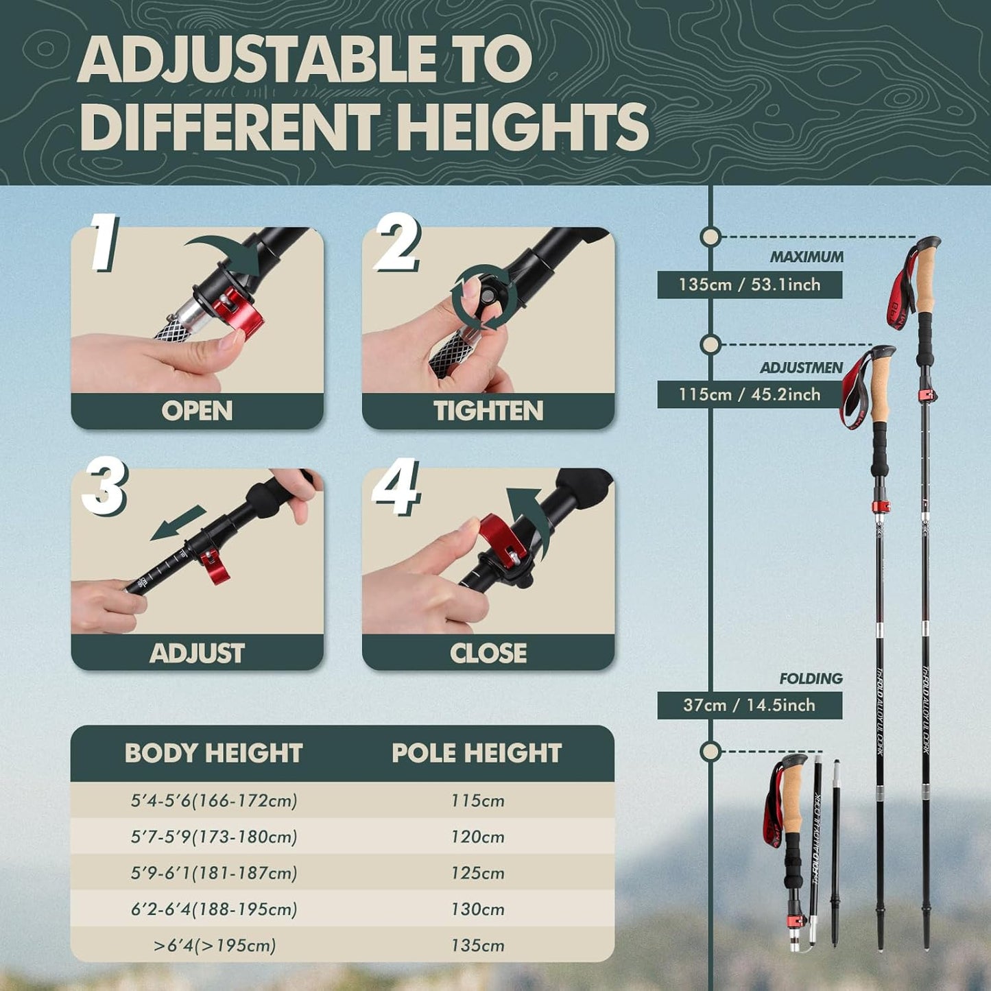 GPTCAMP Nordic Walking Stick, TPZ-1, 2pc Folding Collapsible Hiking Poles with Metal Quick Lock, Cork Handle, Lightweight 7075 Aluminum Trekking Poles for Seniors Women Men Hiking Gear