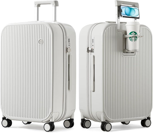 mixi Checked Luggage with Cup Phone Holder Hard Shell Rolling Travel Suitcase with Spinner Wheels,26 Inch Smoke White