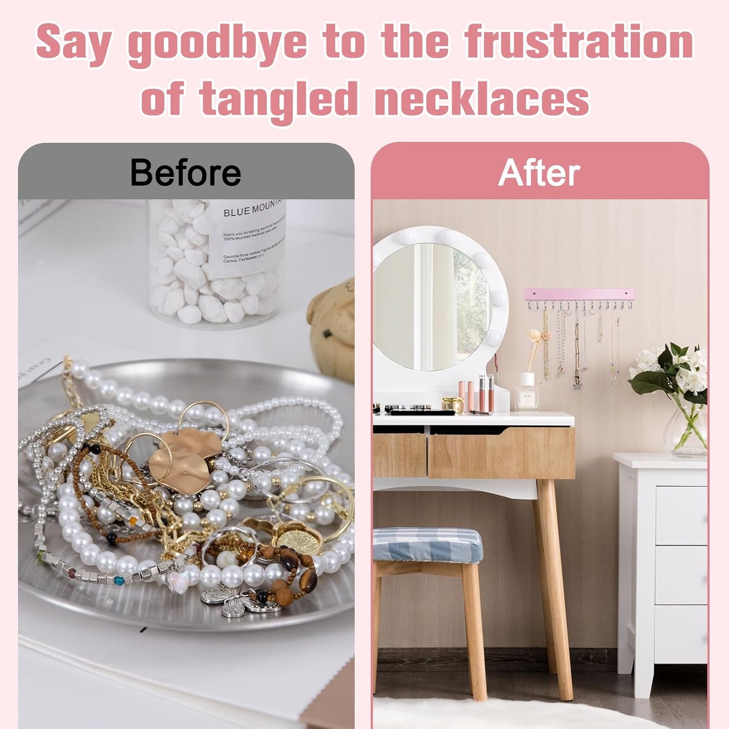 Wall Mounted Necklace Holder, Morden Style Necklace Holder, Tangle Free Wall Jewelry Organizer with 28 Hooks(2 Packs,Pink)