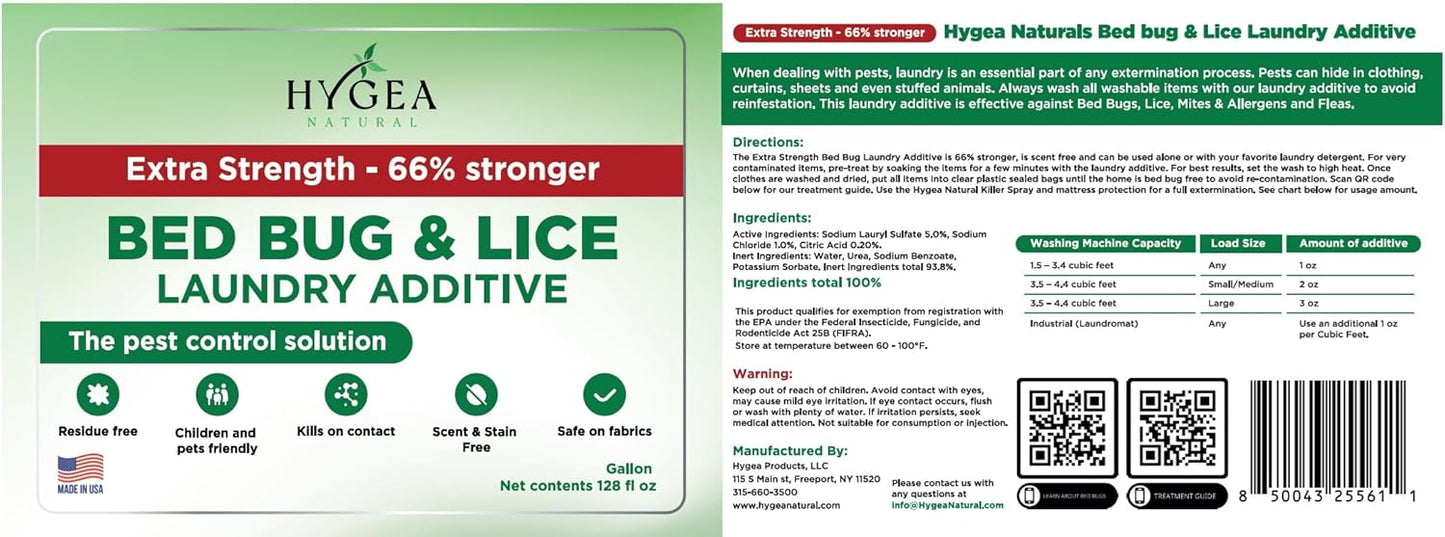 Hygea Natural Extra Strength Lice & Bed Bug Laundry Additive - Gentle, Odorless, and Stain-Free Liquid Laundry Treatment - Child and Pet Friendly - Laundry at Any Water Temperature (1 Gallon)