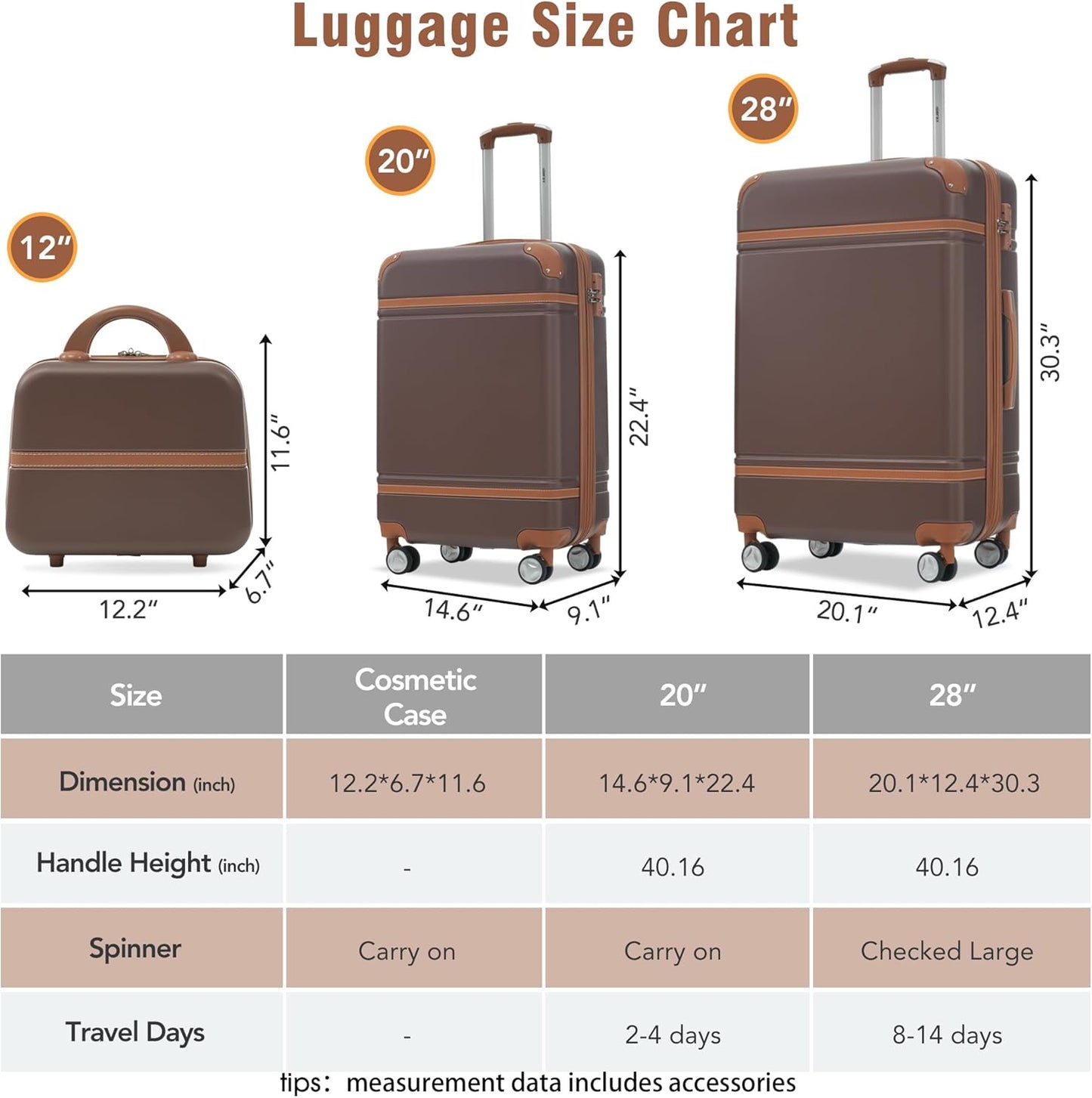 Merax Luggage Set 2 Piece Suitcase Set with Cosmetic Case Expandable Spinner Wheels Vintage Luggage Sets(Brown,20"+28")