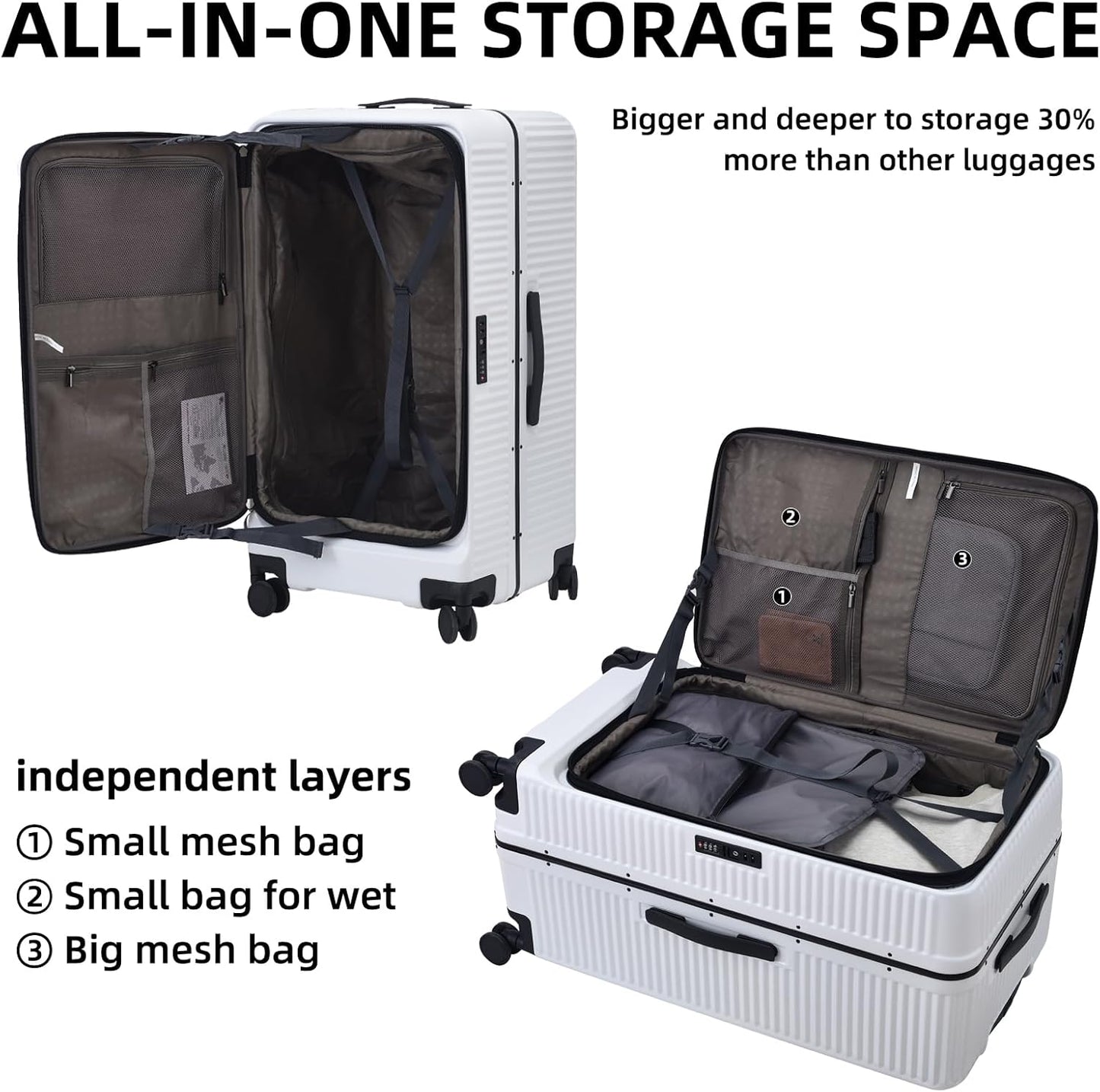 29 Inch Aluminum Checked Luggage with Side Opening Zipper, 40 * 37 * 77cm, 113L, Lightweight Hardshell ABS+PC Suitcase with TSA Lock, 360° Universal Wheels, White