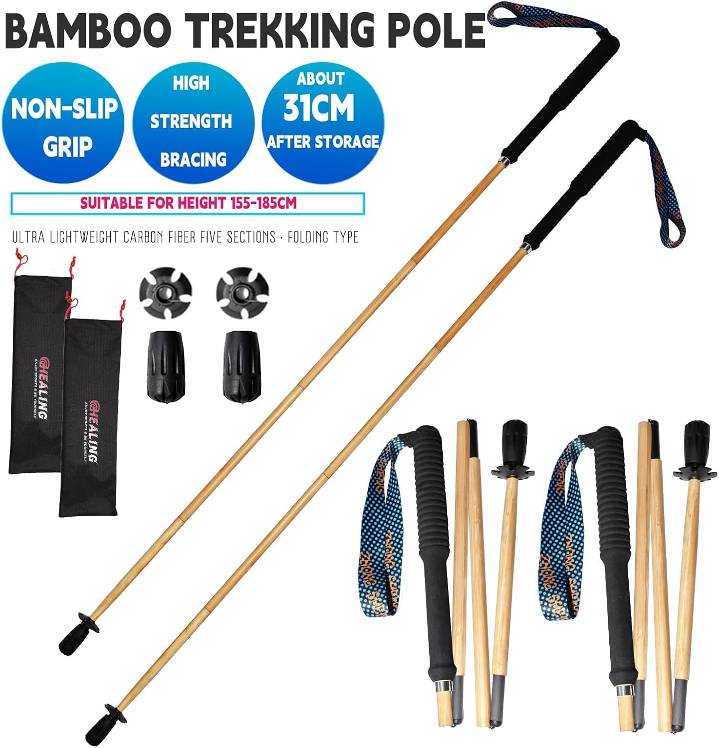 Carbon Fiber Trekking Poles 2-Pack - Ultra Lightweight 10oz, Collapsible 3-Piece Folding Design with Anti-Shock, Moisture-Wicking Cork Grips for Hiking, Mountaineering