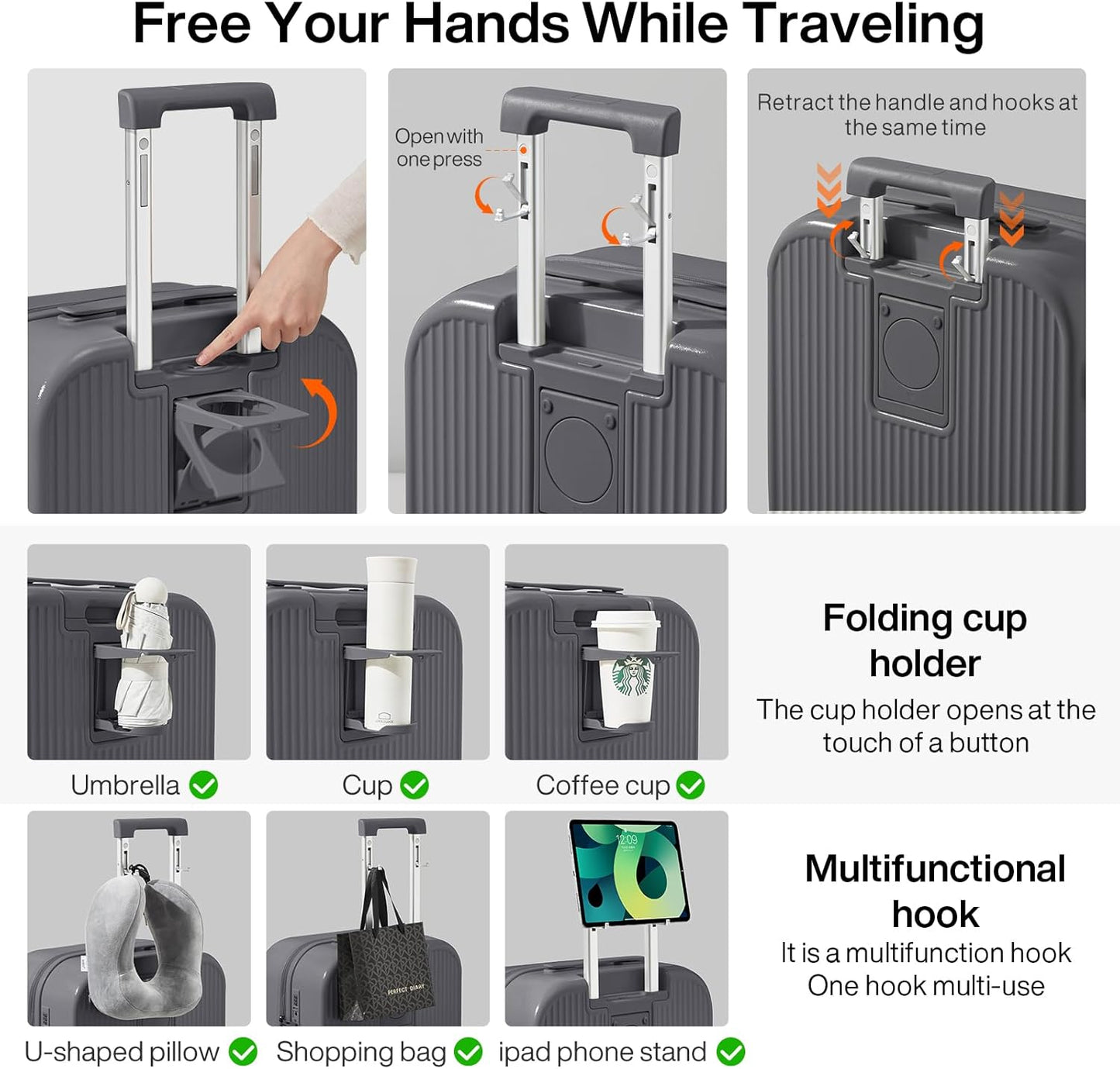 mixi Carry On Luggage with Cup Phone Holder Hard Shell Rolling Travel Suitcase with Spinner Wheels,20 Inch Rock Grey