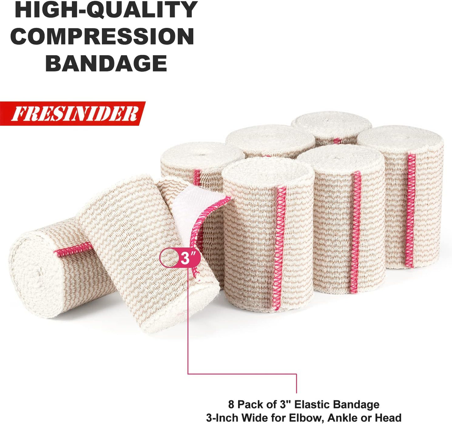 FRESINIDER Premium Elastic Bandage Wrap, 8 Pack 3" Cotton Latex Free Compression Bandage Wrap with Touch Closure at Both Ends, Support & First Aid for Sports, Medical, and Injury Recovery