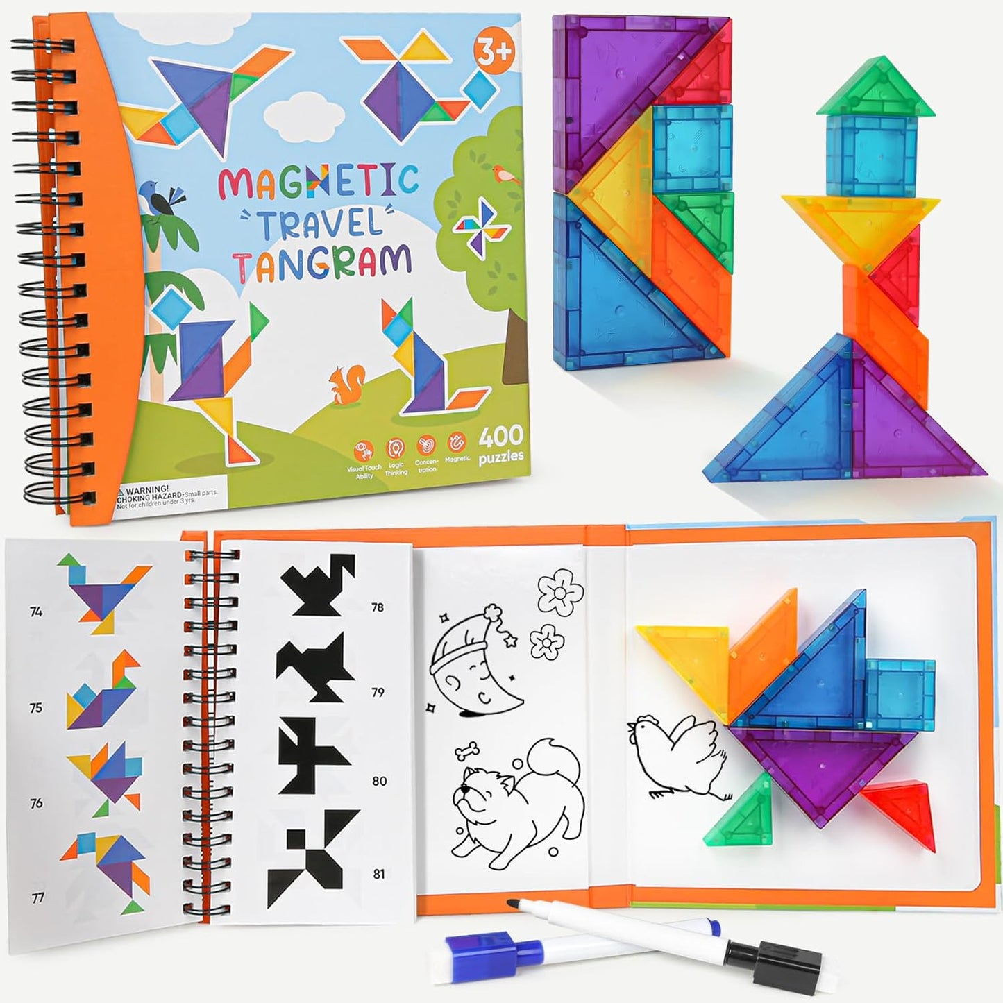 Magnetic Tangram Puzzle with 3D Building Blocks, Road Trip Essentials Travel Tangram with 400 Solution Montessori Travel Toys for Kids Magnetic Puzzles Brain Teasers for Kids Adults