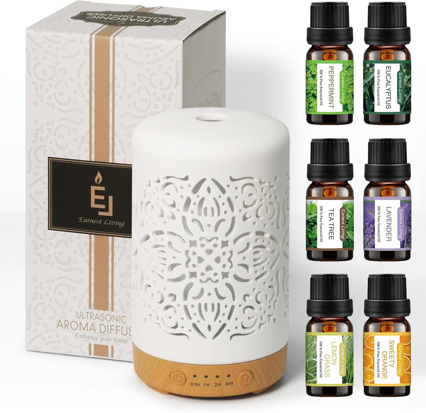 Earnest Living Essential Oil Diffuser Gift Set White Ceramic Diffuser 100 ml & Essential Oil Set Timers Night Lights Auto Off for Women