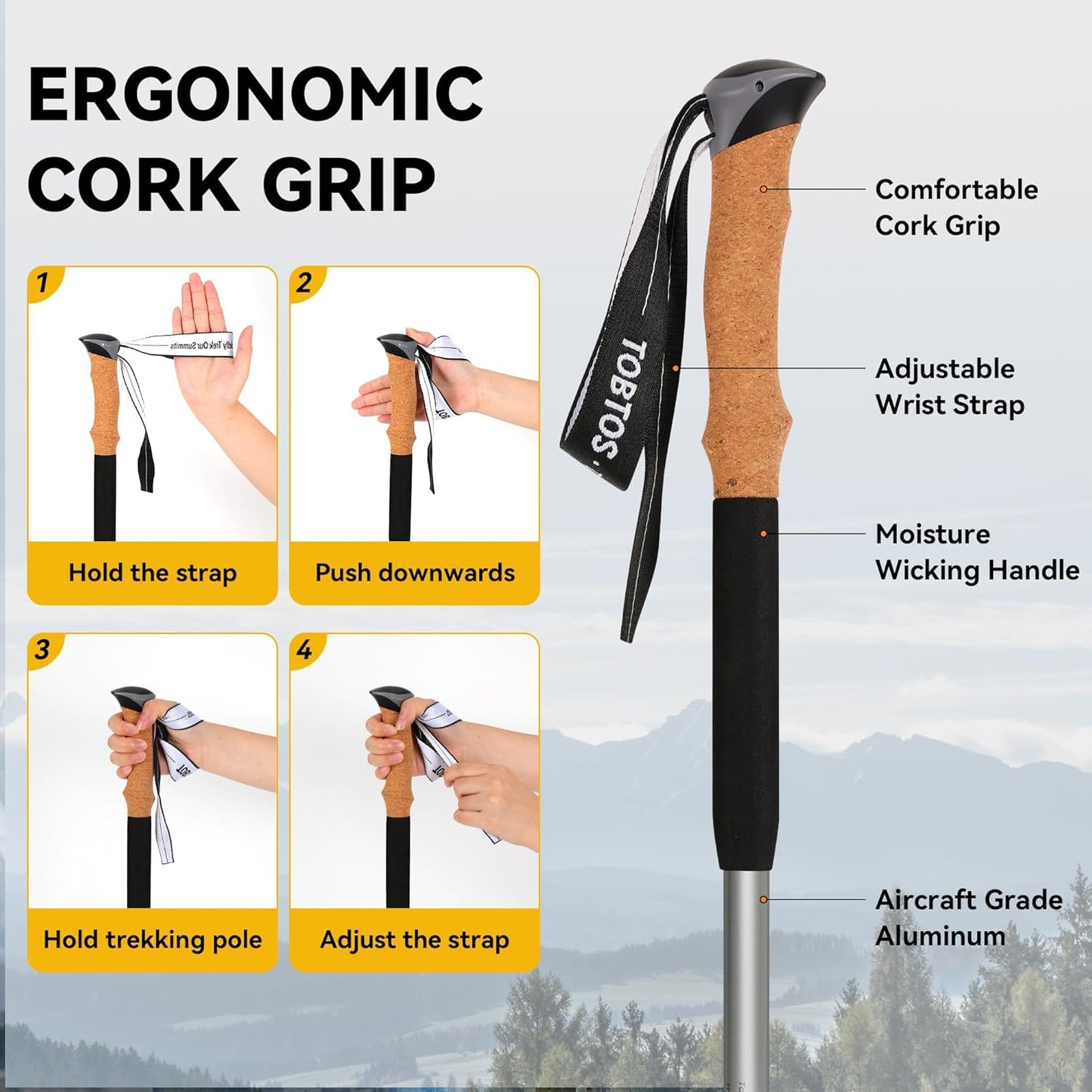 TOBTOS Telescoping Trekking Poles 2 Pack - Adjustable Hiking Sticks & Walking Sticks, 7075 Aluminum with Cork Grips & EVA Handle, Quick Lock Lightweight for Hiking, Walking, Camping
