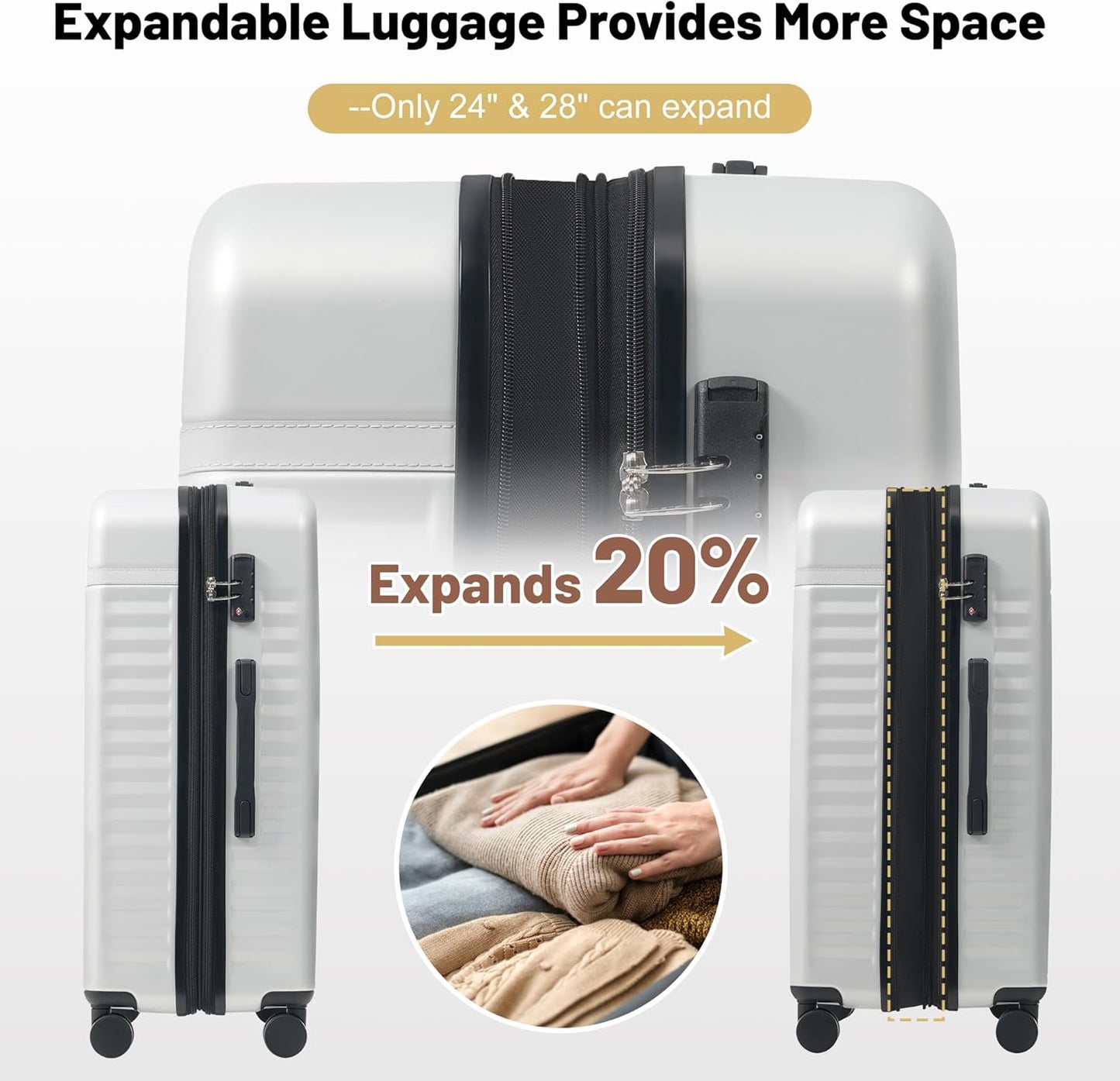 Merax Luggage Sets, Durable Hardshell 3 Piece Suitcase with Double Spinner Wheels and Handle Bags,Lightweight Carry on Luggage with TSA Lock,20+24+28 inches,White Grey