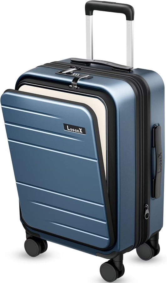Carry On Luggage 22x14x9 Airline Approved, FLO5 Expandable Polycarbonate Suitcase with Front Pocket (FX-Core, Blue, 20 Inch)