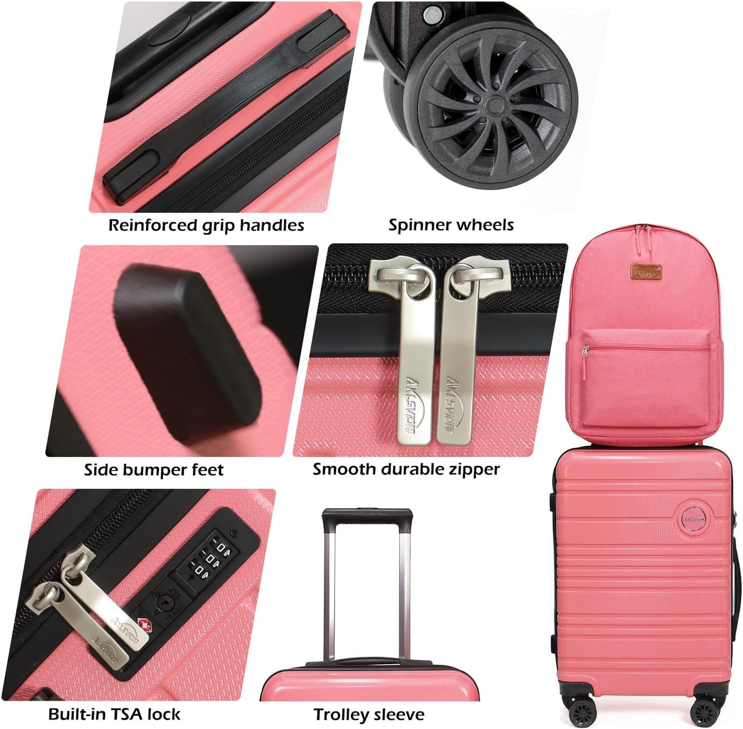 ABS+PC Carry on Luggage set with backpack 3 Pcs suitcace with Spinner wheels TSA Lock 20-In hardshell Lightweight Luggage set (Pink)
