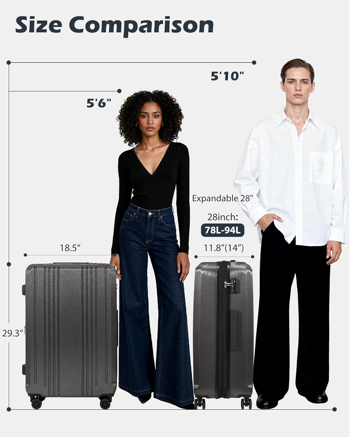 Coolife Luggage PC+ABS Expandable Hardshell Suitcase with TSA Lock, Spinner Checked Lightweight (sliver, L(28IN))