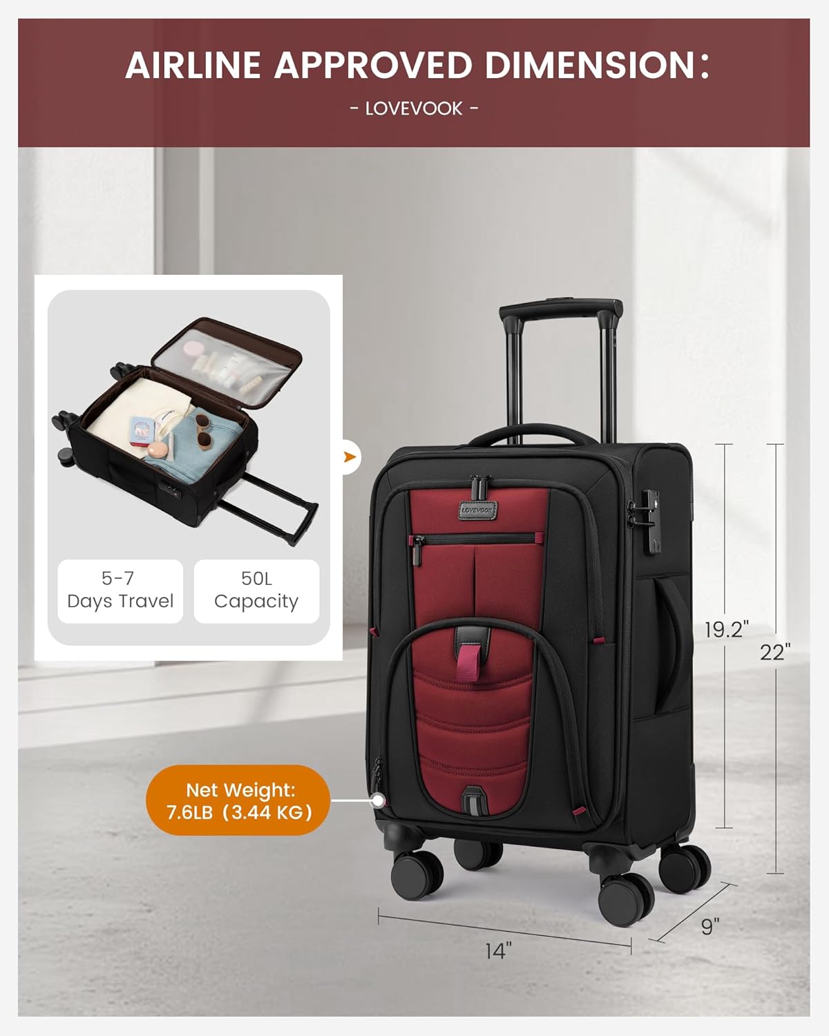 Carry On Luggage 22x14x9 Airline Approved, 22-Inch Suitcases with Spinner Wheels, Softside Carry-on Luggage with TSA Lock for Men Women Business Trip, Lightweight Large Capacity Luggage for Travel