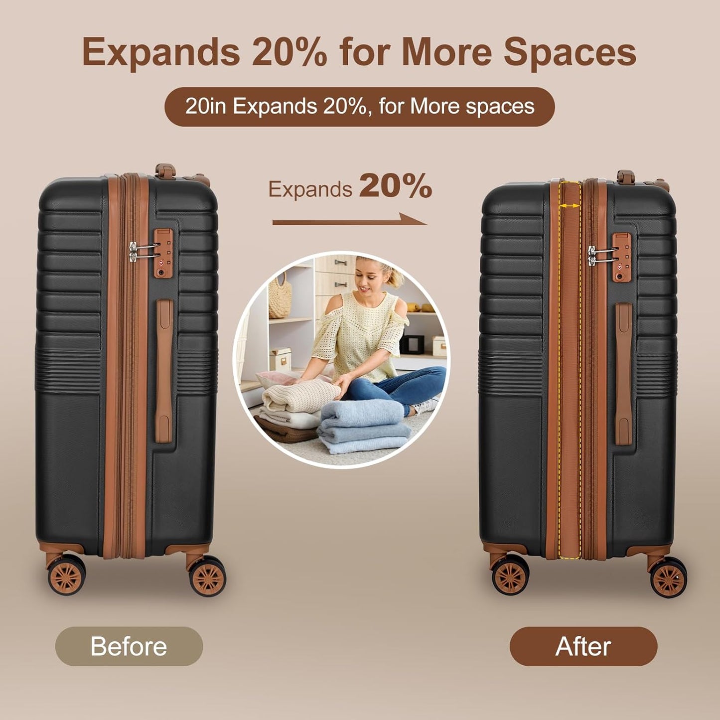 Romswi Luggage Sets 3 Piece Expandable PC+ABS Suitcases, Durable Hardshell Lightweight Suitcase Set with TSA Lock Dual Spinner Wheels, 20/24/28 Inch,Black