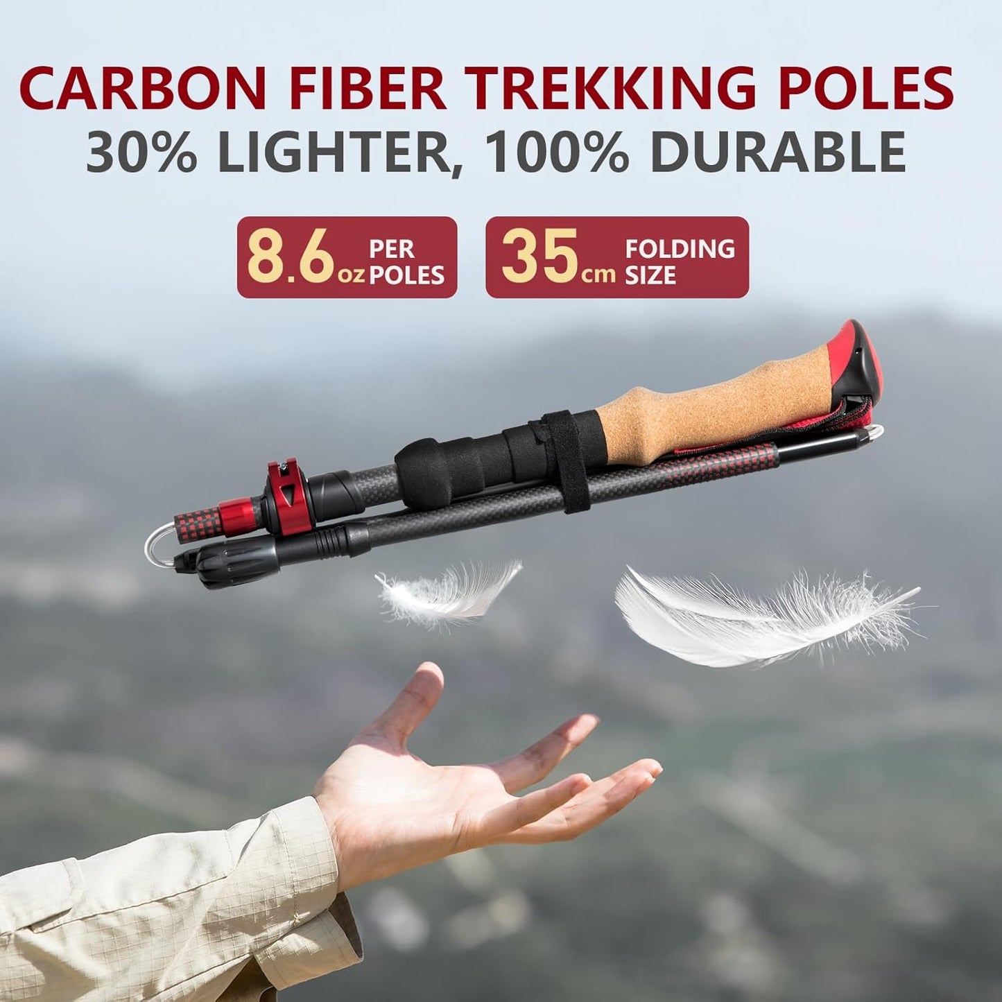 BISINNA Carbon Fiber Trekking Poles Collapsible Hiking Poles Lightweight Walking Sticks with Cork Handle Quick Lock for Women and Men 2pc