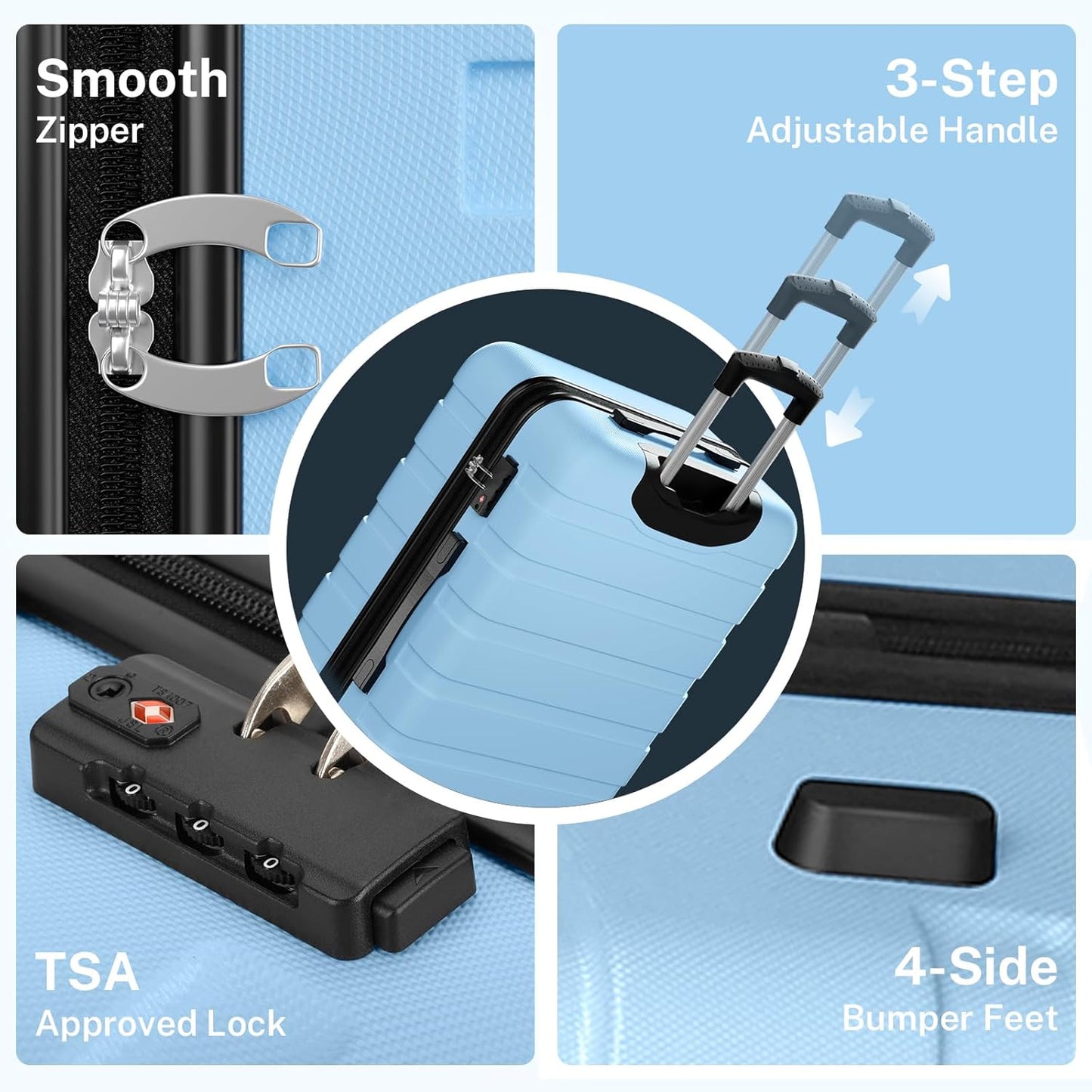 AnyZip Luggage Sets 4 Piece Hardshell Suitcase Set PC ABS Lightweight Travel Suitcases with 4 Double Spinner Wheels TSA Lock 20 24 28 32 Inch Light Blue