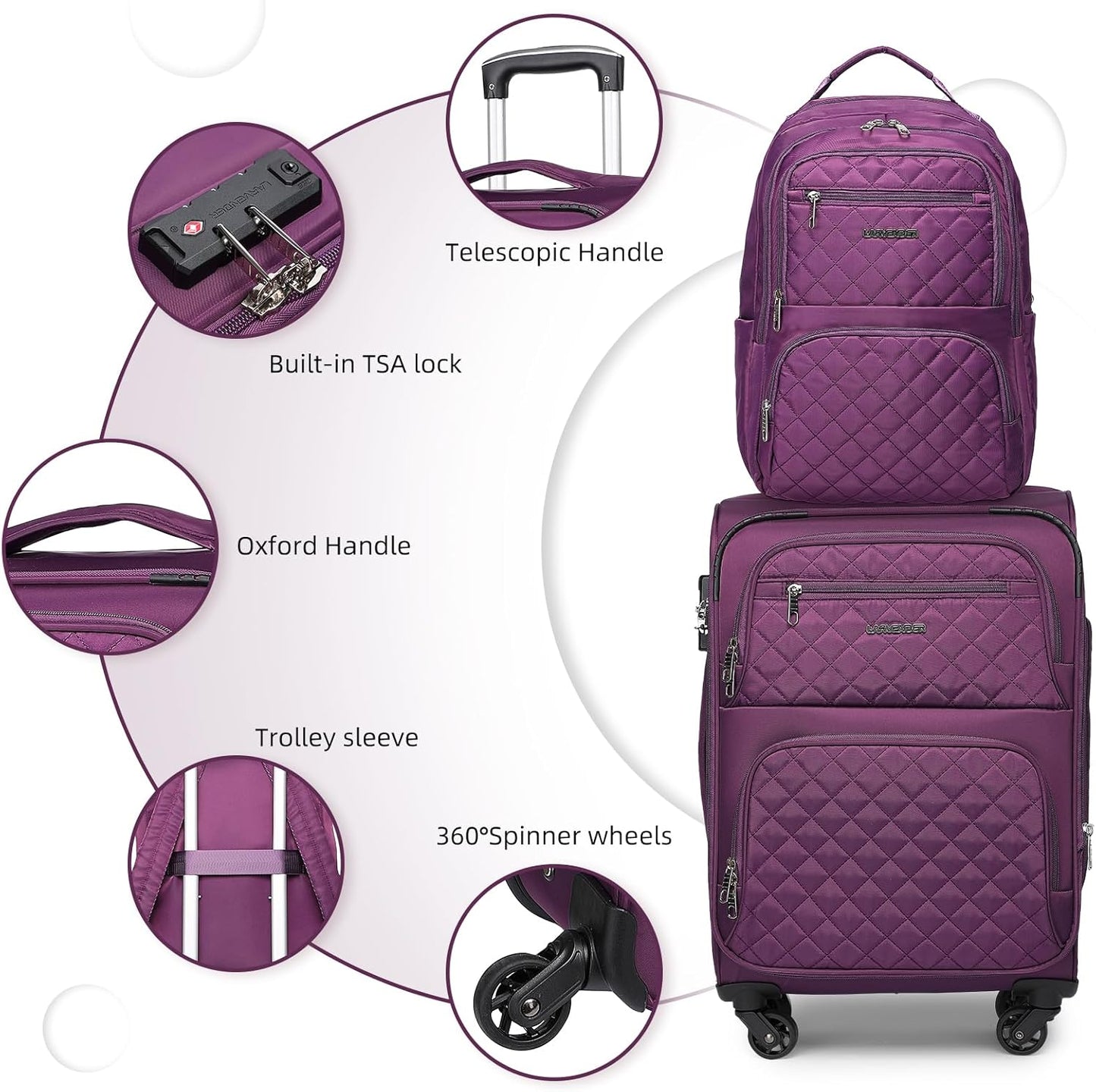 LARVENDER Softside Carry On Luggage 3 Piece, Expandable Carry On Luggage 22x14x9 Airline Approved 20-inch Carry on Suitcase with Spinner Wheels for Men Women, TSA Lock, Purple (20/BP/TB)