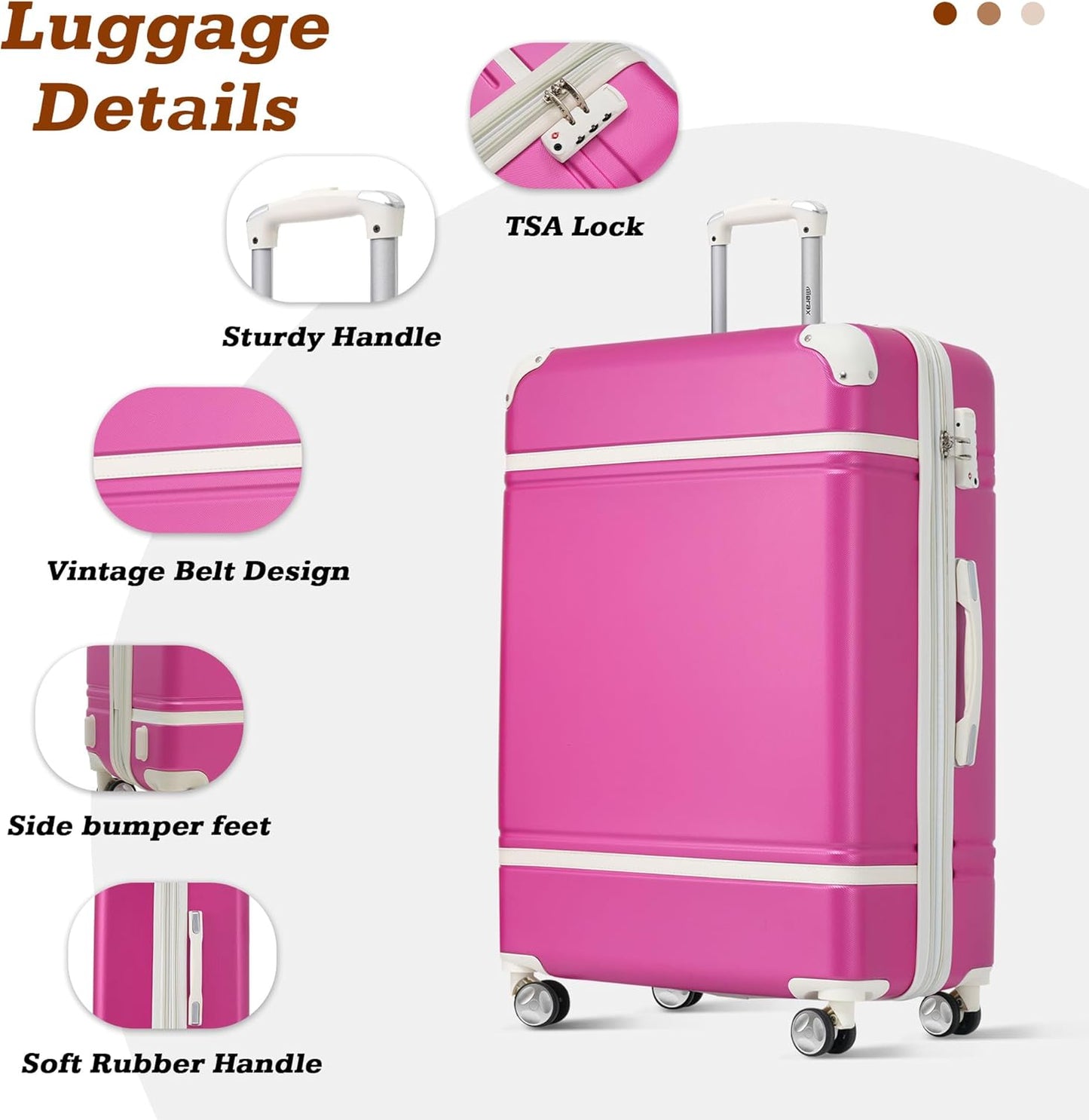 Merax Suitcase Set 24 inches Expandable Luggage with TSA Lock Spinner Wheels Hardshell Lightweight Vintage Luggage with Travel Bag,Pink