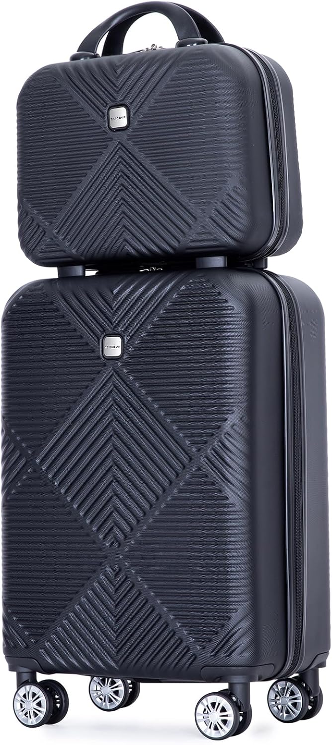 2 Piece Carry on Luggage Set, Airline Approved 20 Inch Luggage with Cosmetic Case Hard Shell Suitcase with Spinner Wheels, Lightweight Hardside Suitcases Set, Dark Black