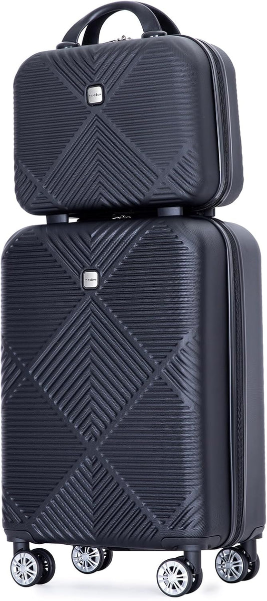 2 Piece Carry on Luggage Set, Airline Approved 20 Inch Luggage with Cosmetic Case Hard Shell Suitcase with Spinner Wheels, Lightweight Hardside Suitcases Set, Dark Black