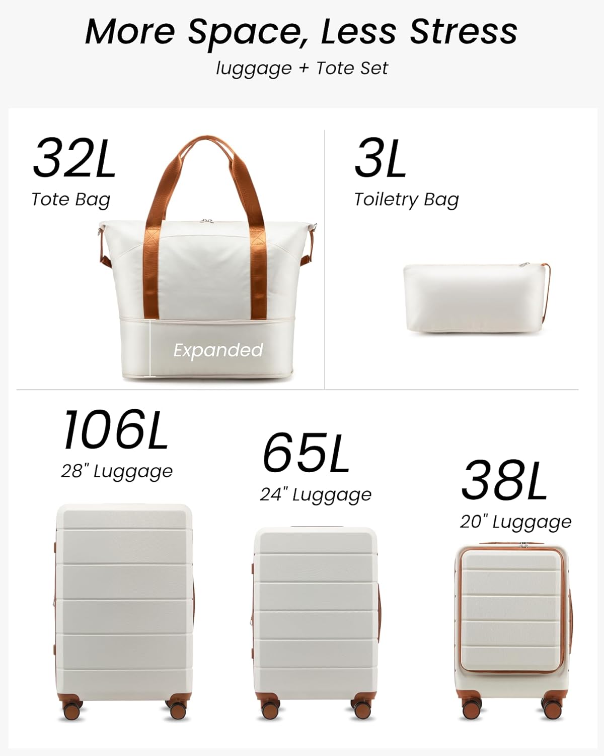 Luggage Sets 5 Piece, Expandable Hardside Suitcases with Wheels Includes Tote Bag, White Brown
