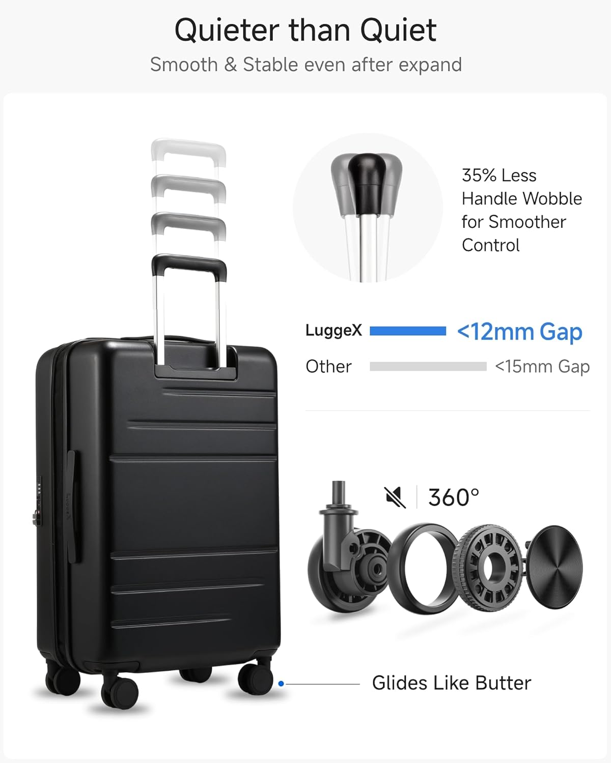 Checked Luggage with Spinner Wheels, FLO5 Expandable Polycarbonate Hard Shell Suitcase with TSA Approved Lock (FX-Core, Black, 24 Inch)